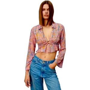 Zara Printed Long Sleeve Cropped Blouse